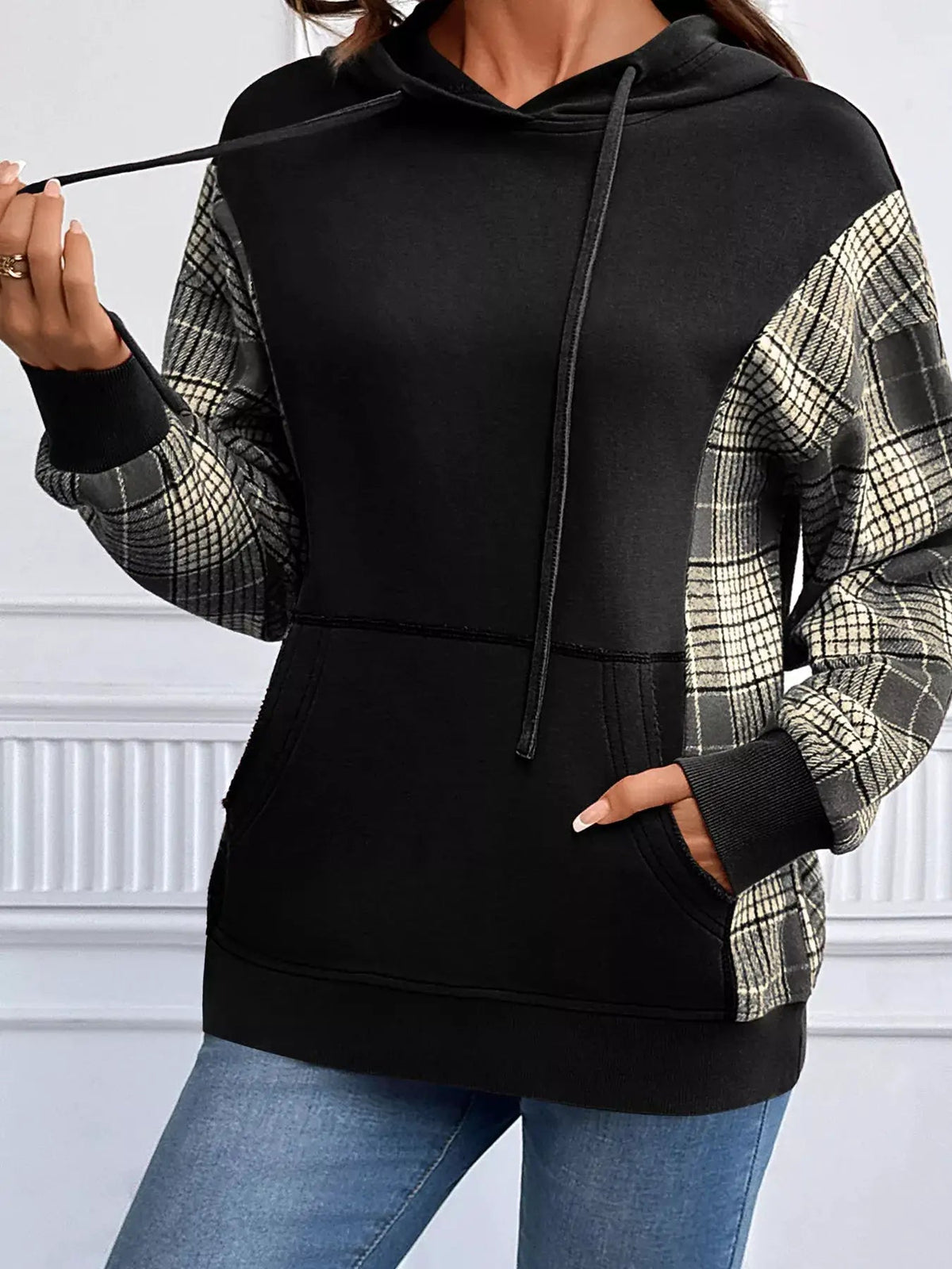 Olive Green Plaid Sleeve Drawstring Pocket Hoodie - Bitsy Gypsy Boutique