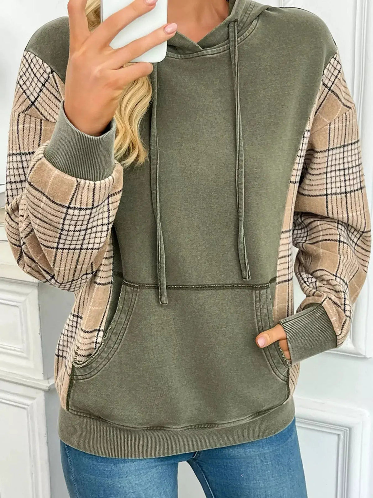 Olive Green Plaid Sleeve Drawstring Pocket Hoodie - Bitsy Gypsy Boutique