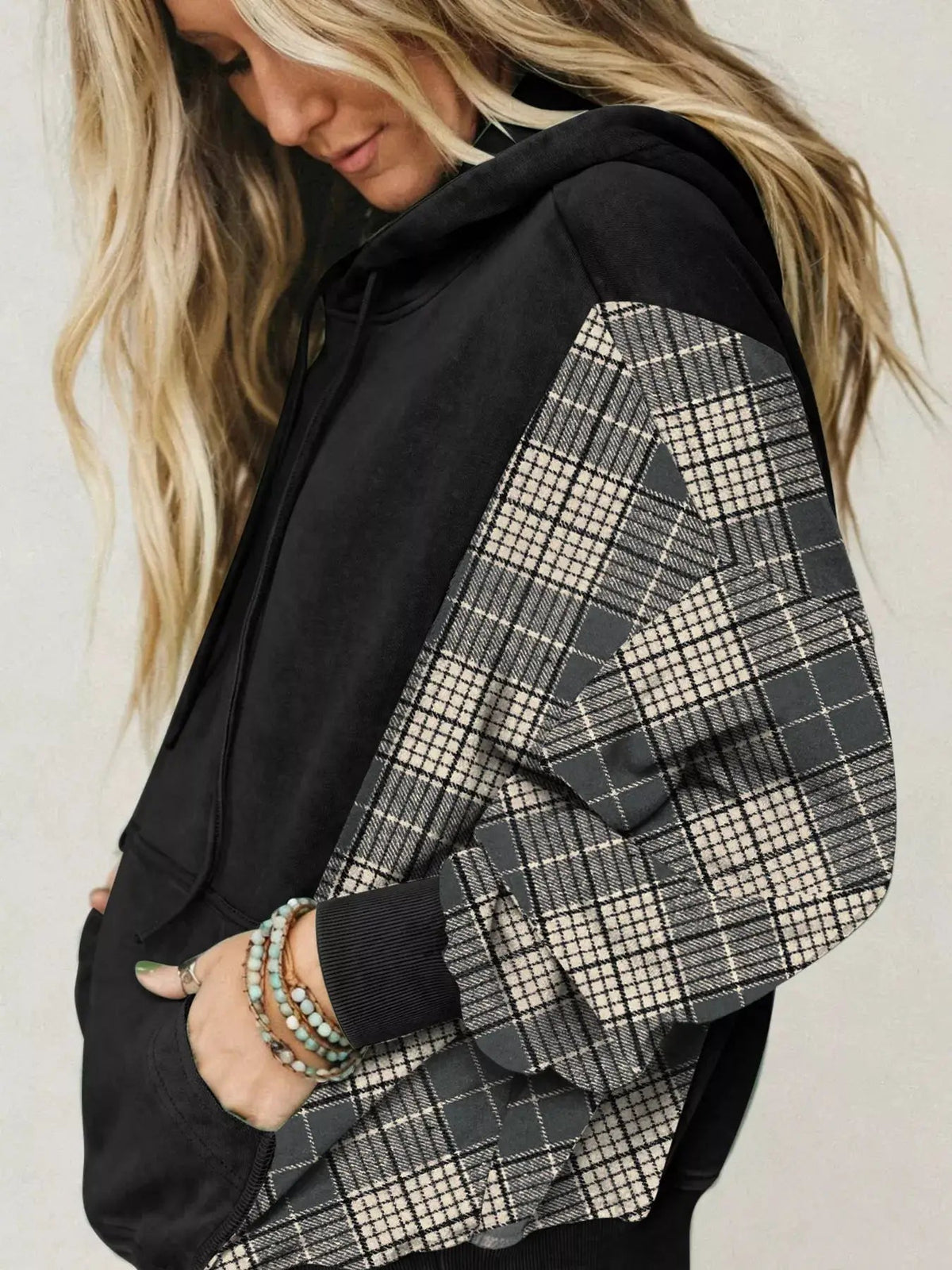 Olive Green Plaid Sleeve Drawstring Pocket Hoodie - Bitsy Gypsy Boutique