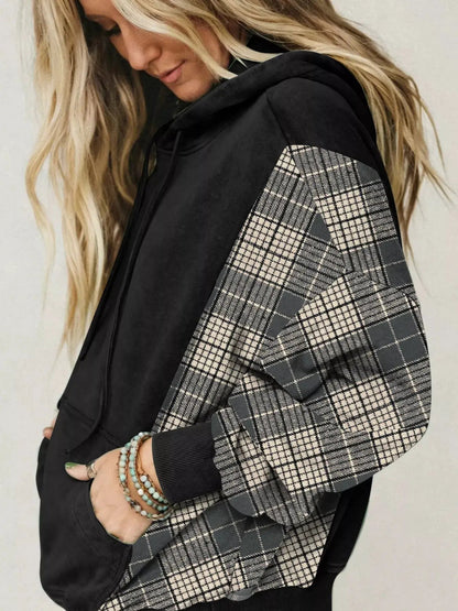 Olive Green Plaid Sleeve Drawstring Pocket Hoodie - Bitsy Gypsy Boutique