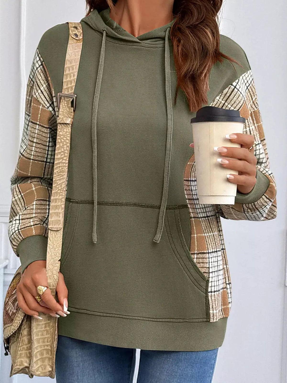 Olive Green Plaid Sleeve Drawstring Pocket Hoodie - Bitsy Gypsy Boutique