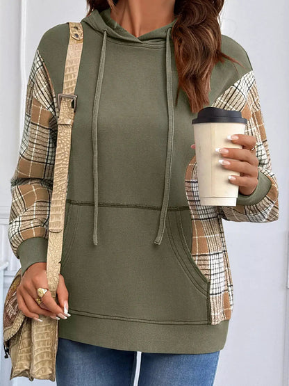 Olive Green Plaid Sleeve Drawstring Pocket Hoodie - Bitsy Gypsy Boutique