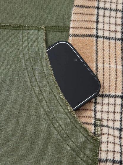 Olive Green Plaid Sleeve Drawstring Pocket Hoodie - Bitsy Gypsy Boutique