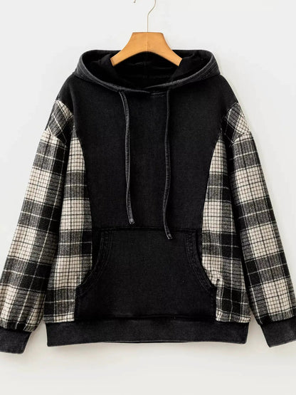 Olive Green Plaid Sleeve Drawstring Pocket Hoodie - Bitsy Gypsy Boutique