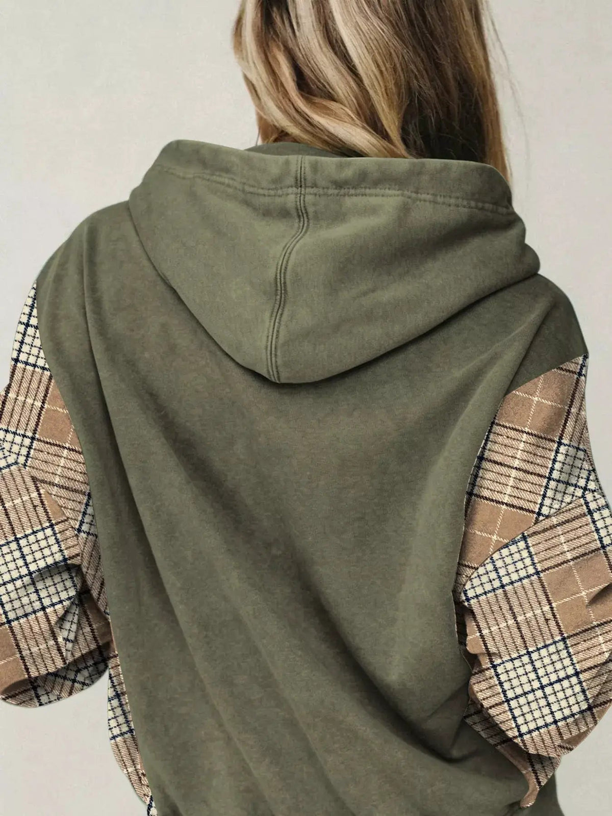 Olive Green Plaid Sleeve Drawstring Pocket Hoodie - Bitsy Gypsy Boutique