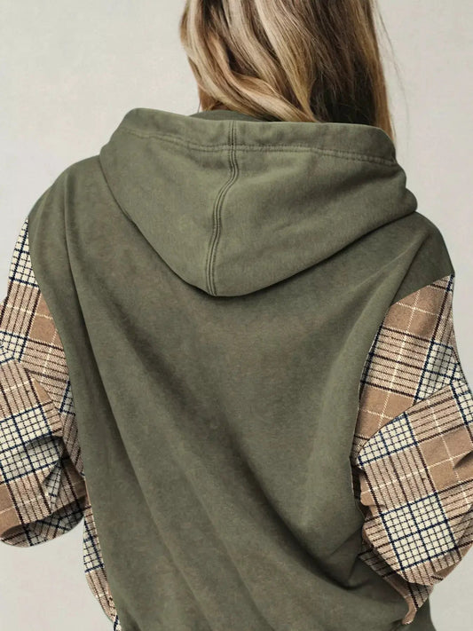 Olive Green Plaid Sleeve Drawstring Pocket Hoodie - Bitsy Gypsy Boutique