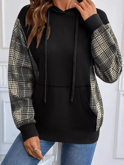 Olive Green Plaid Sleeve Drawstring Pocket Hoodie - Bitsy Gypsy Boutique