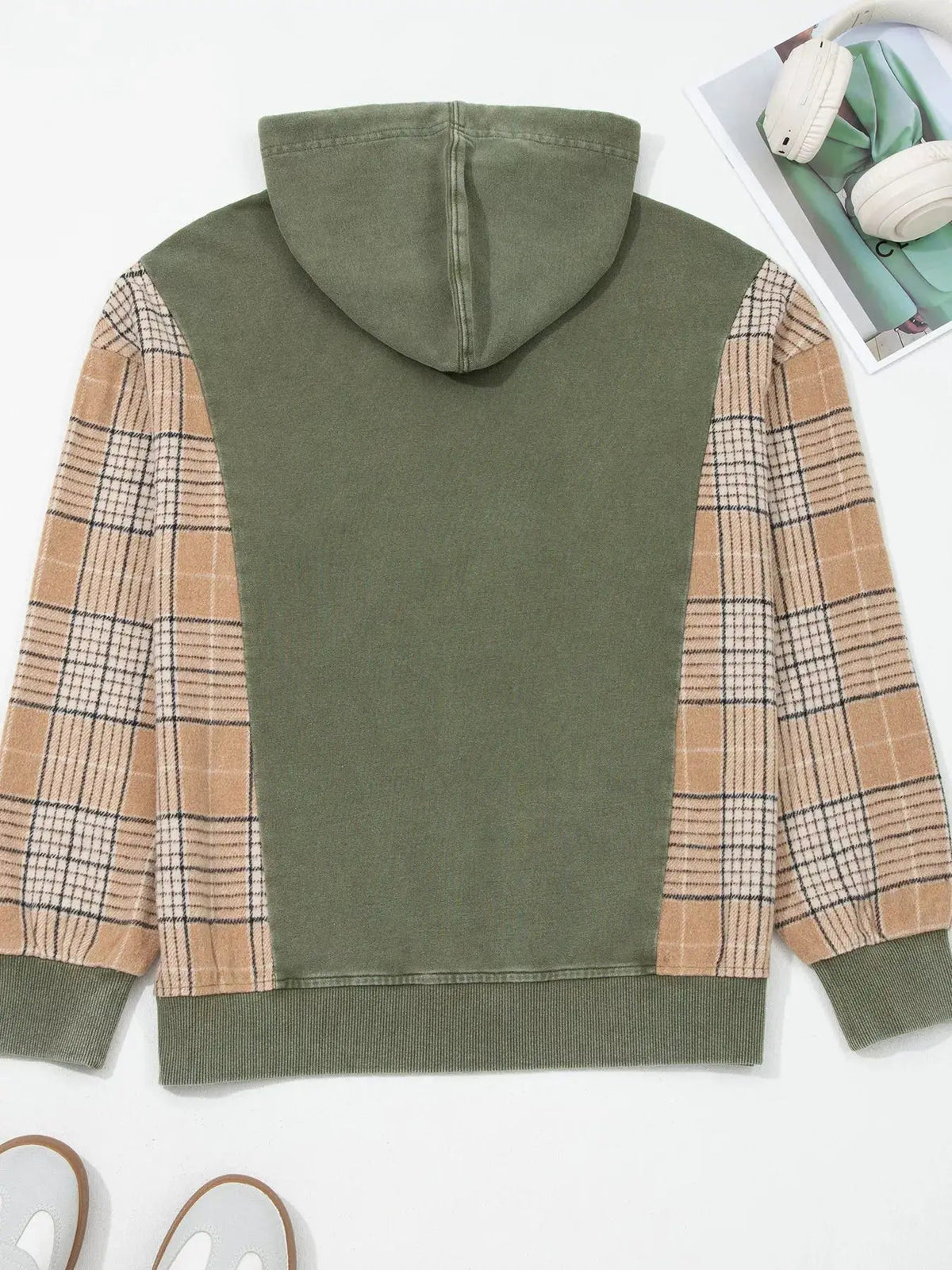 Olive Green Plaid Sleeve Drawstring Pocket Hoodie - Bitsy Gypsy Boutique