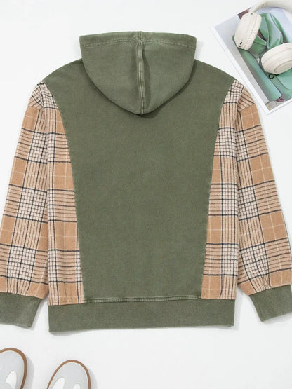 Olive Green Plaid Sleeve Drawstring Pocket Hoodie - Bitsy Gypsy Boutique
