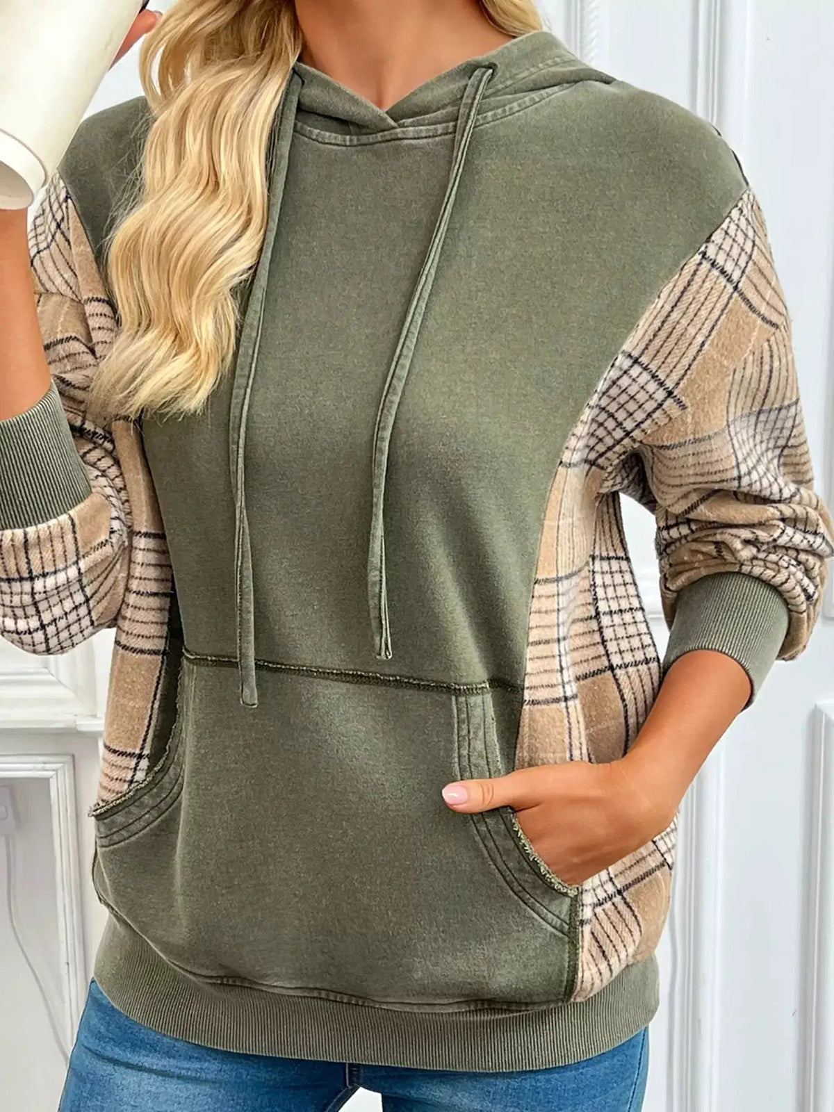Olive Green Plaid Sleeve Drawstring Pocket Hoodie - Bitsy Gypsy Boutique