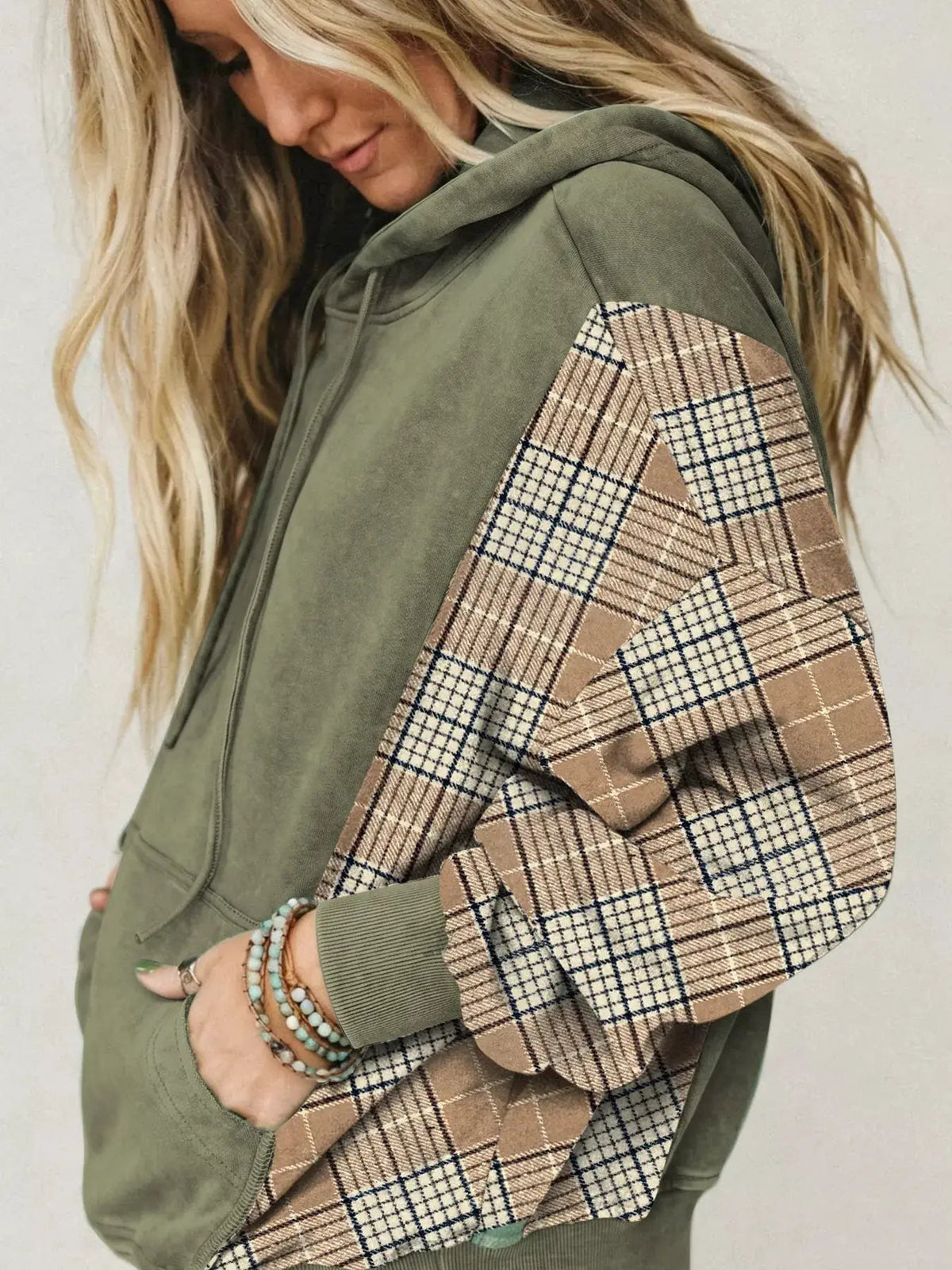 Olive Green Plaid Sleeve Drawstring Pocket Hoodie - Bitsy Gypsy Boutique