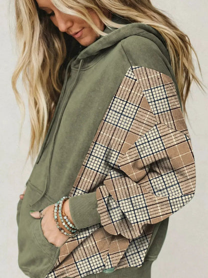 Olive Green Plaid Sleeve Drawstring Pocket Hoodie - Bitsy Gypsy Boutique