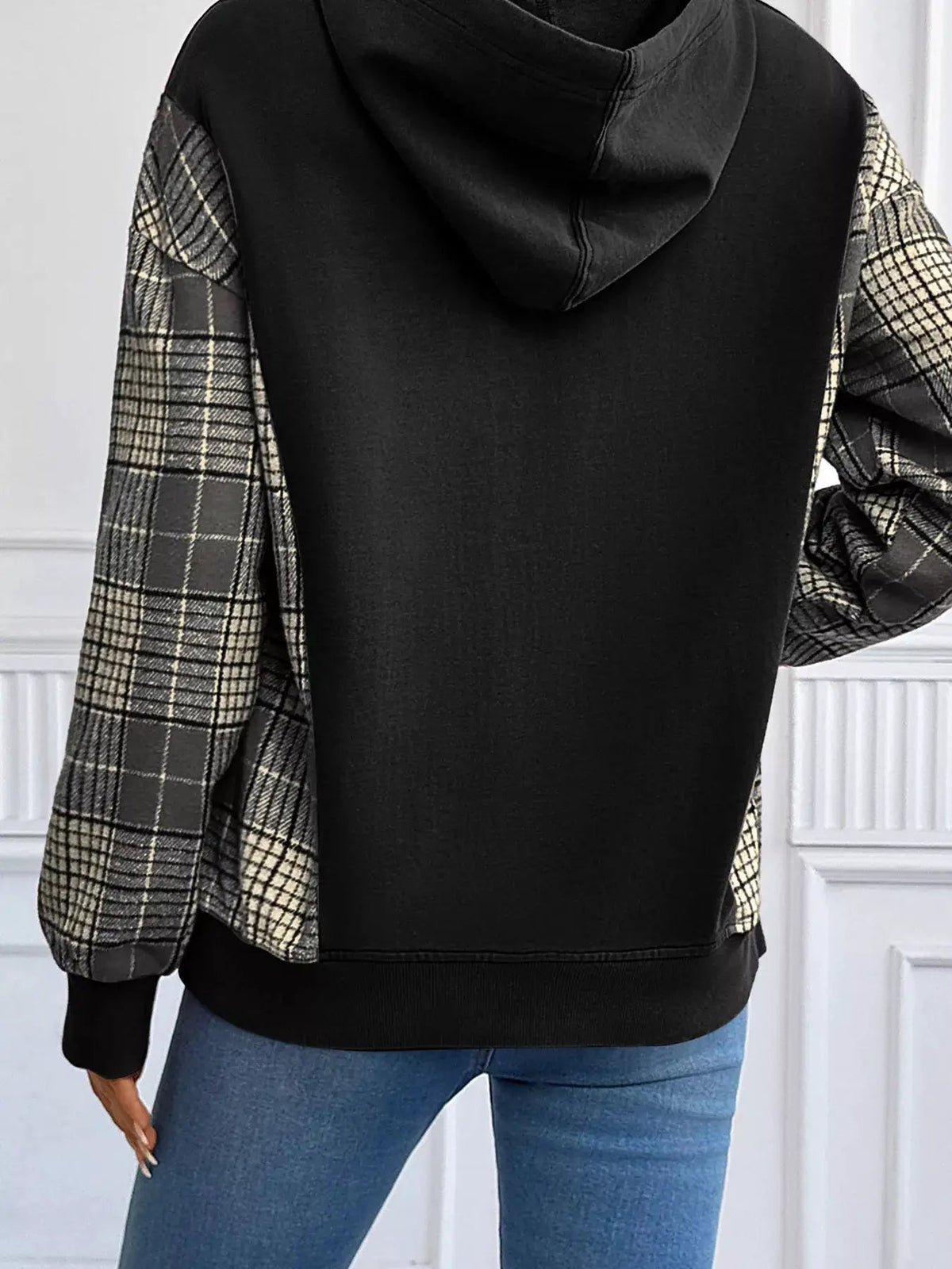 Olive Green Plaid Sleeve Drawstring Pocket Hoodie - Bitsy Gypsy Boutique