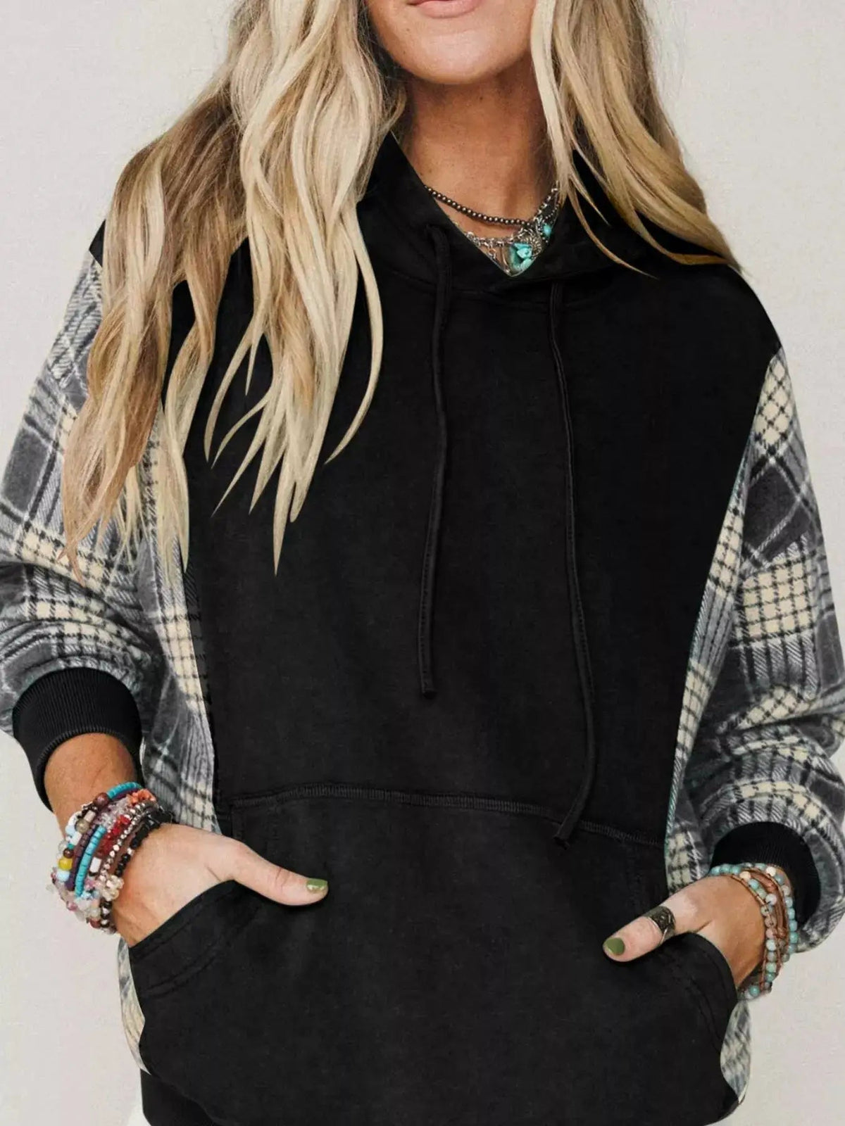 Olive Green Plaid Sleeve Drawstring Pocket Hoodie - Bitsy Gypsy Boutique