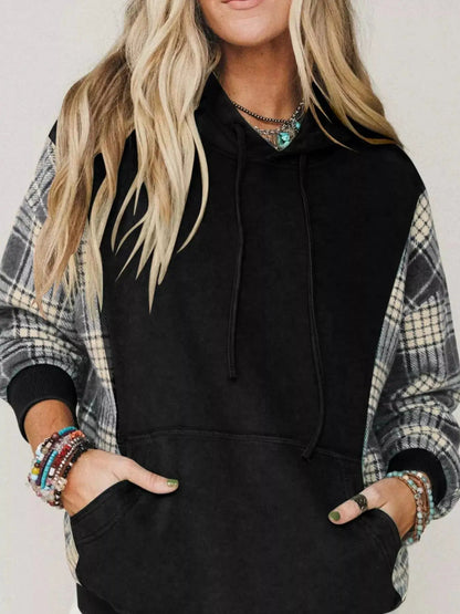 Olive Green Plaid Sleeve Drawstring Pocket Hoodie - Bitsy Gypsy Boutique