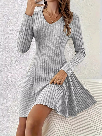 Olive Green V-Neck Ribbed Knit A-Line Mini Dress - Bitsy Gypsy Boutique