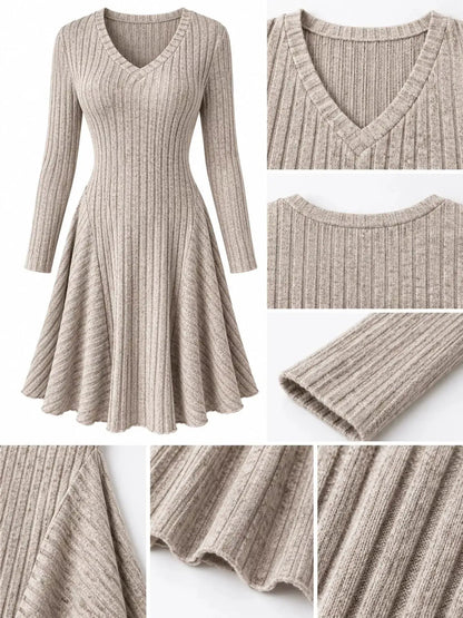 Olive Green V-Neck Ribbed Knit A-Line Mini Dress - Bitsy Gypsy Boutique