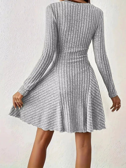 Olive Green V-Neck Ribbed Knit A-Line Mini Dress - Bitsy Gypsy Boutique