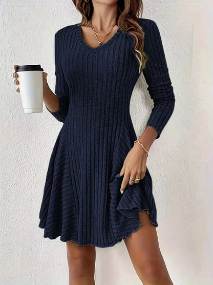 Olive Green V-Neck Ribbed Knit A-Line Mini Dress - Bitsy Gypsy Boutique