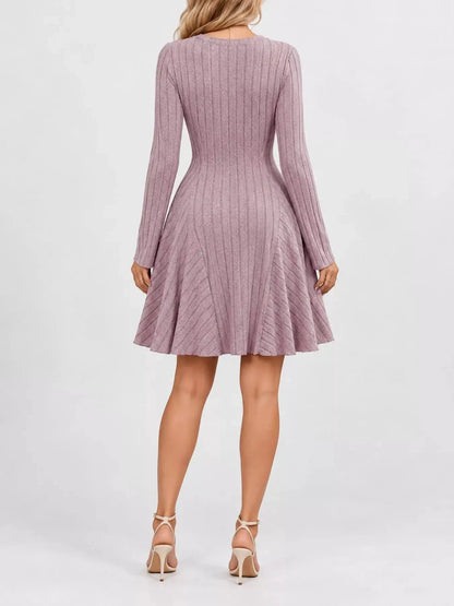 Olive Green V-Neck Ribbed Knit A-Line Mini Dress - Bitsy Gypsy Boutique