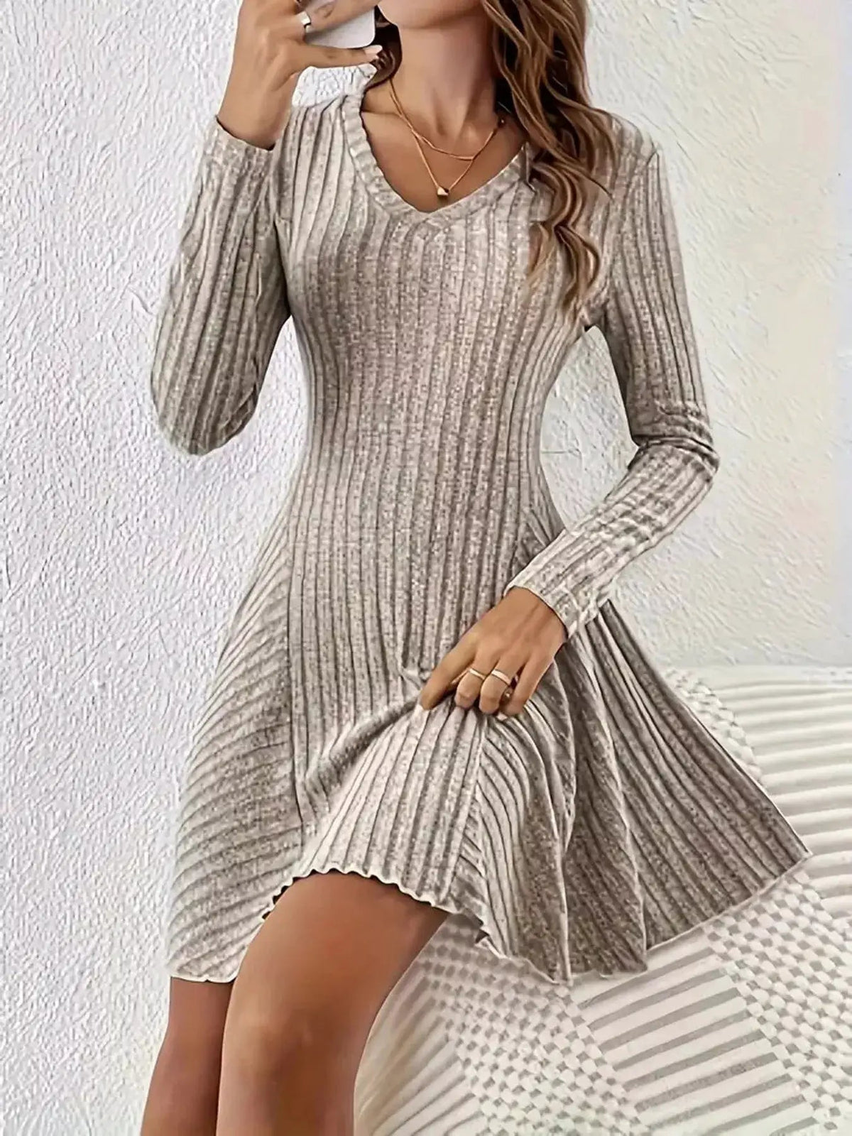 Olive Green V-Neck Ribbed Knit A-Line Mini Dress - Bitsy Gypsy Boutique