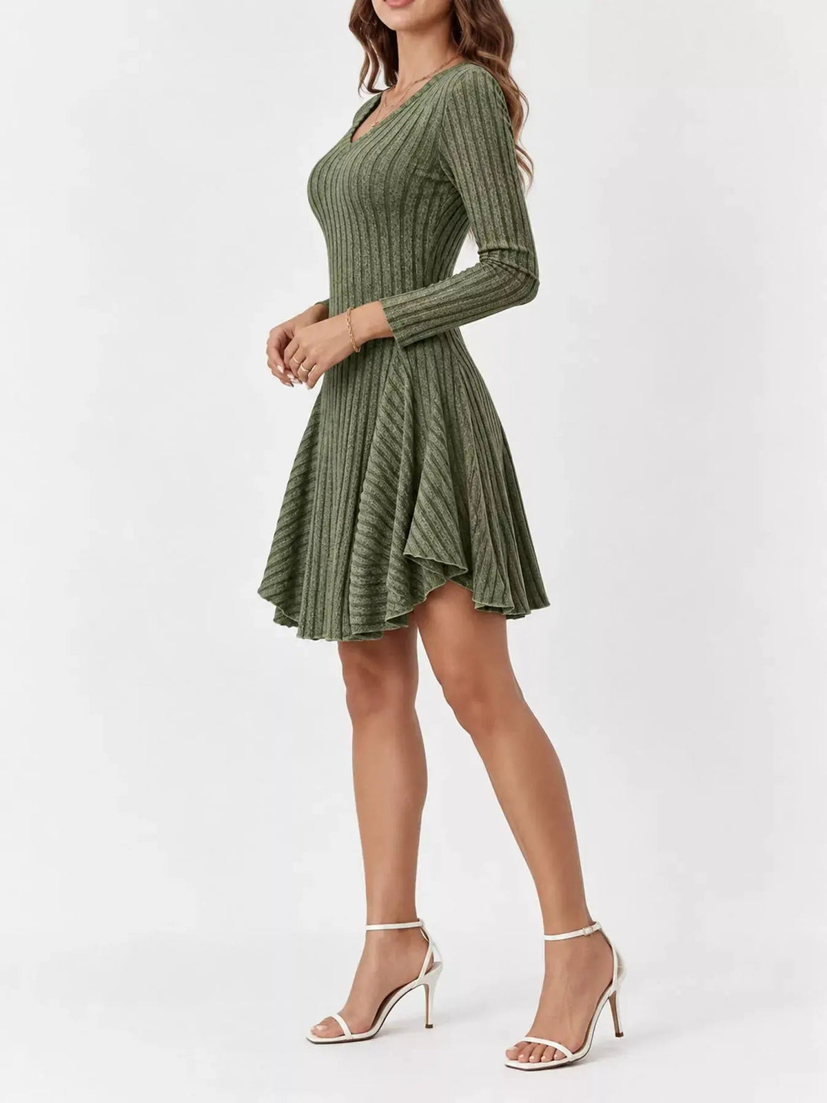 Olive Green V-Neck Ribbed Knit A-Line Mini Dress - Bitsy Gypsy Boutique