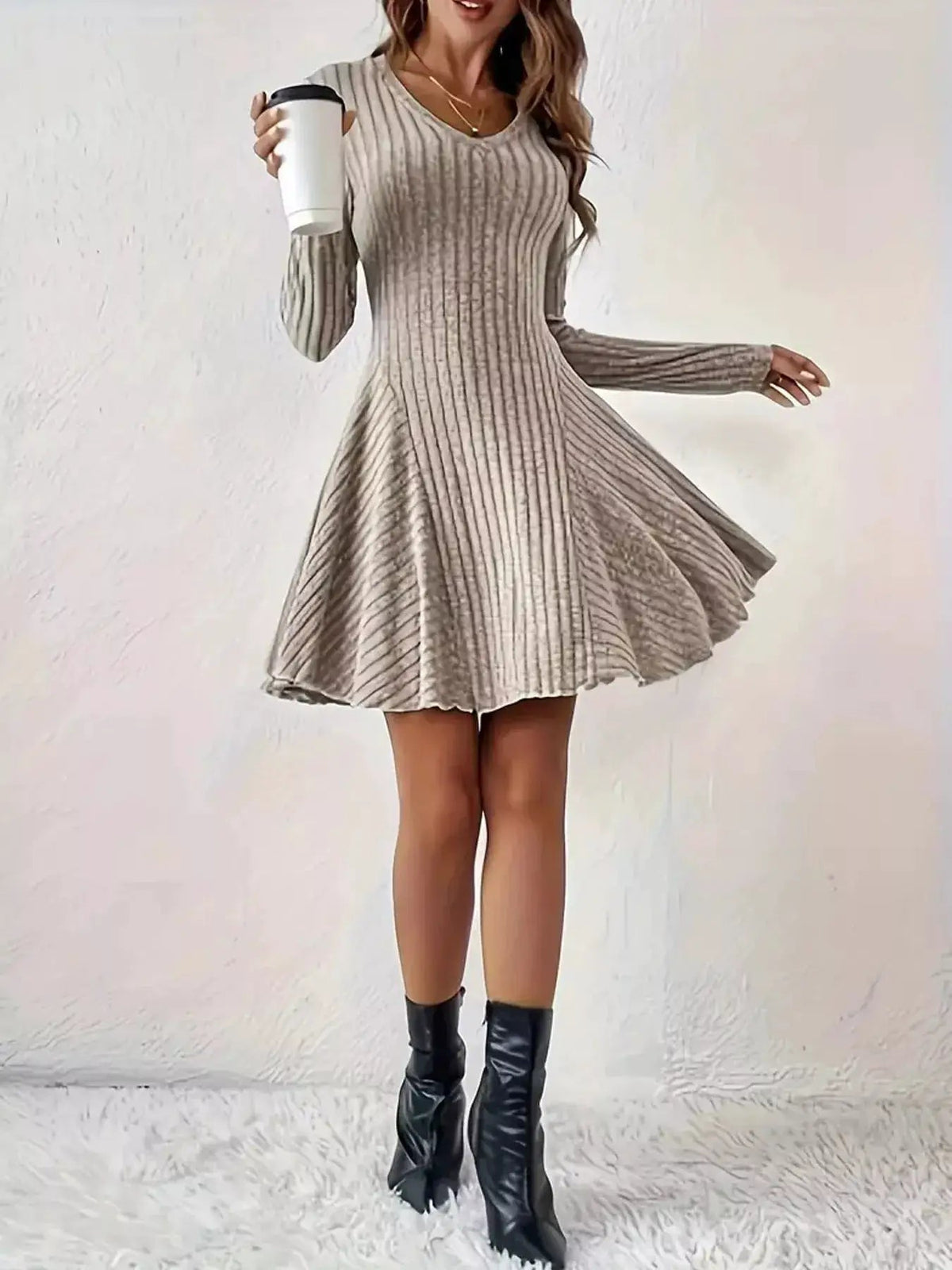 Olive Green V-Neck Ribbed Knit A-Line Mini Dress - Bitsy Gypsy Boutique