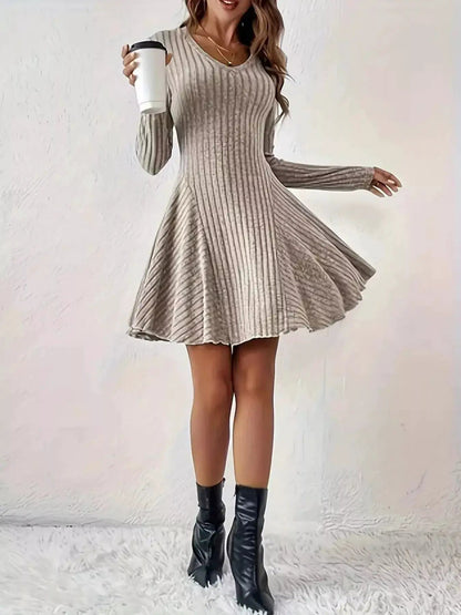 Olive Green V-Neck Ribbed Knit A-Line Mini Dress - Bitsy Gypsy Boutique