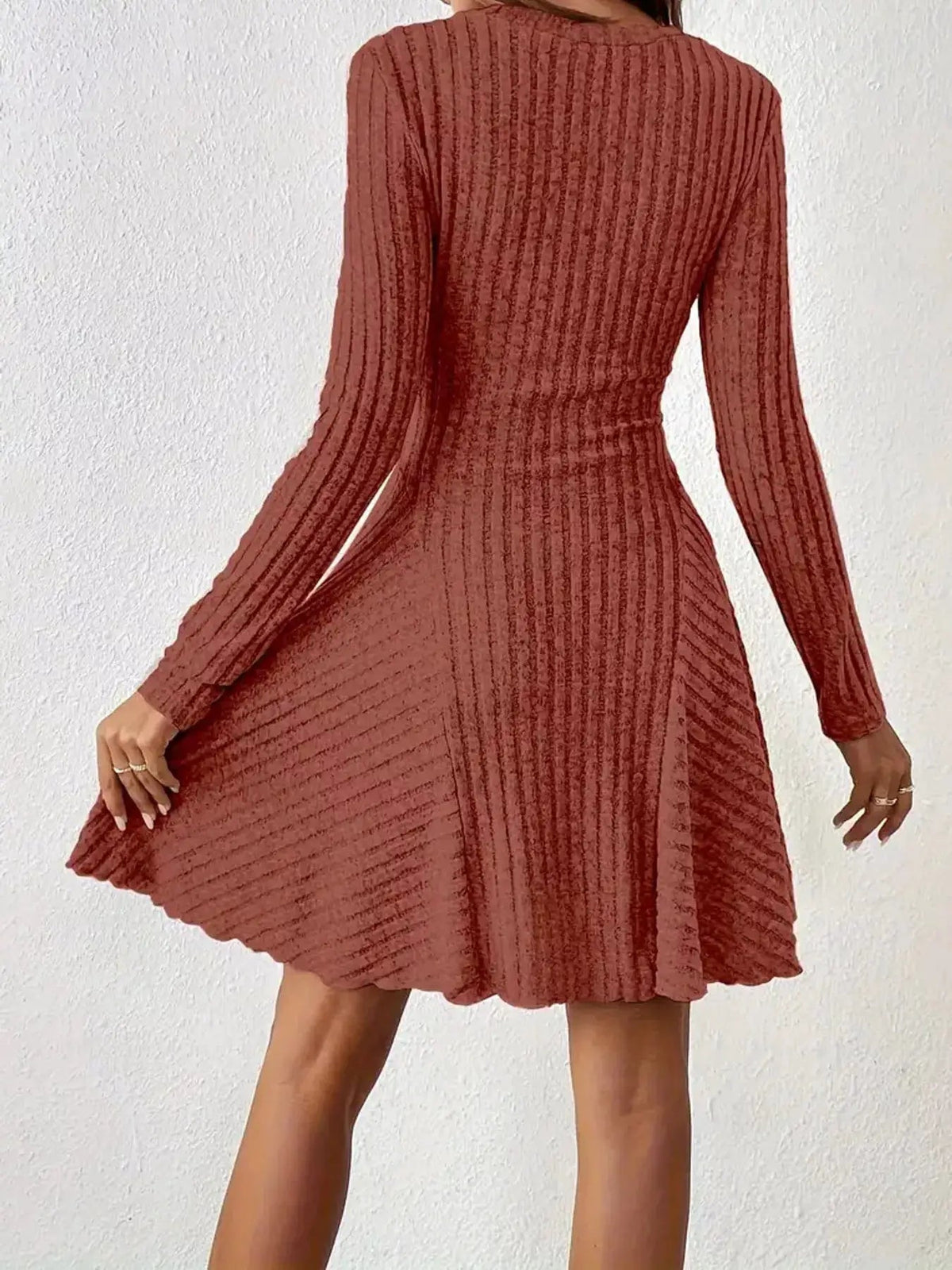Olive Green V-Neck Ribbed Knit A-Line Mini Dress - Bitsy Gypsy Boutique