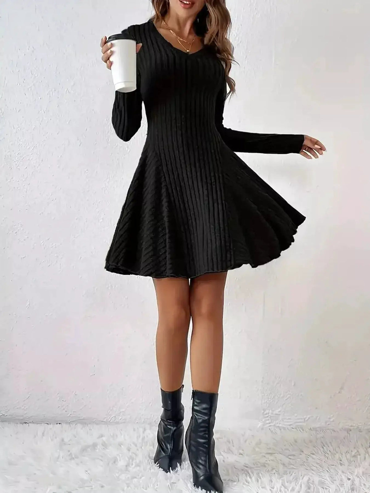 Olive Green V-Neck Ribbed Knit A-Line Mini Dress - Bitsy Gypsy Boutique