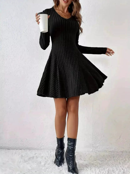 Olive Green V-Neck Ribbed Knit A-Line Mini Dress - Bitsy Gypsy Boutique