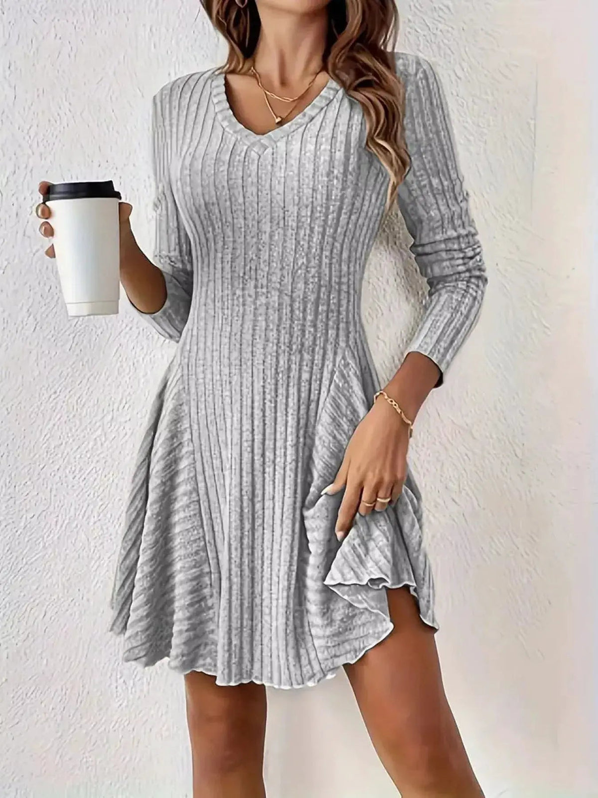 Olive Green V-Neck Ribbed Knit A-Line Mini Dress - Bitsy Gypsy Boutique
