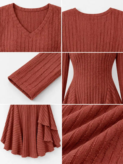Olive Green V-Neck Ribbed Knit A-Line Mini Dress - Bitsy Gypsy Boutique