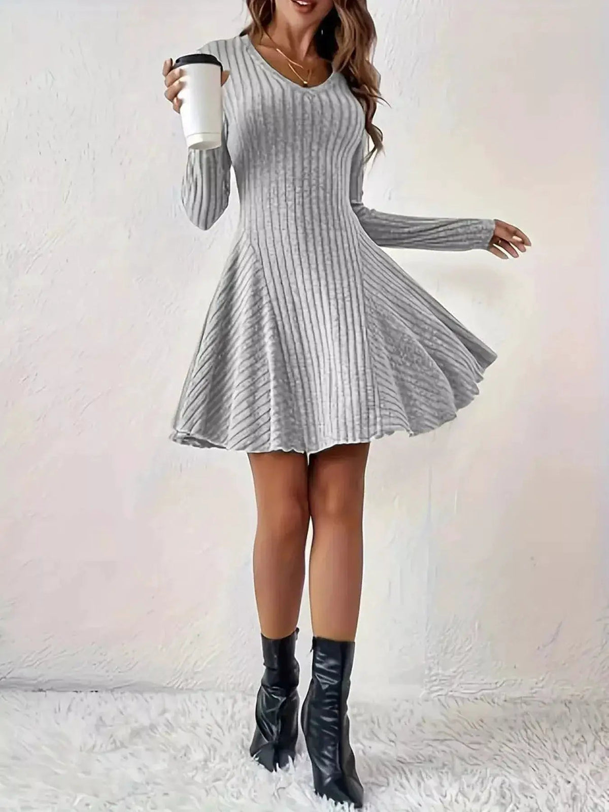 Olive Green V-Neck Ribbed Knit A-Line Mini Dress - Bitsy Gypsy Boutique