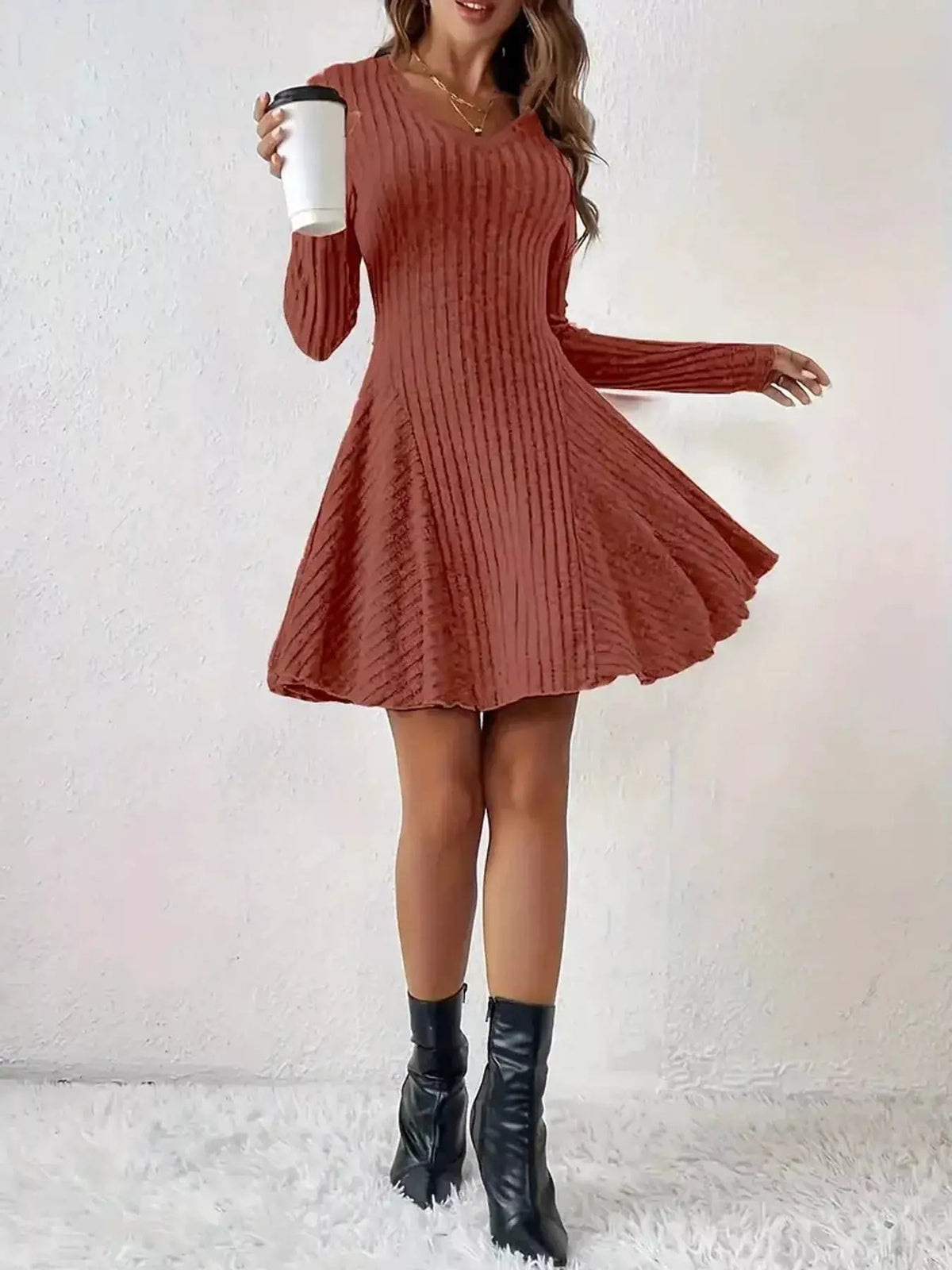 Olive Green V-Neck Ribbed Knit A-Line Mini Dress - Bitsy Gypsy Boutique