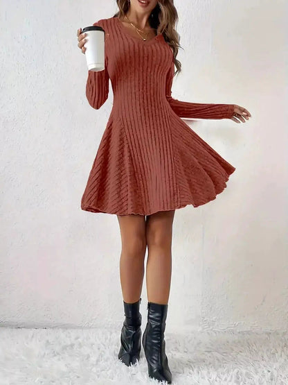 Olive Green V-Neck Ribbed Knit A-Line Mini Dress - Bitsy Gypsy Boutique