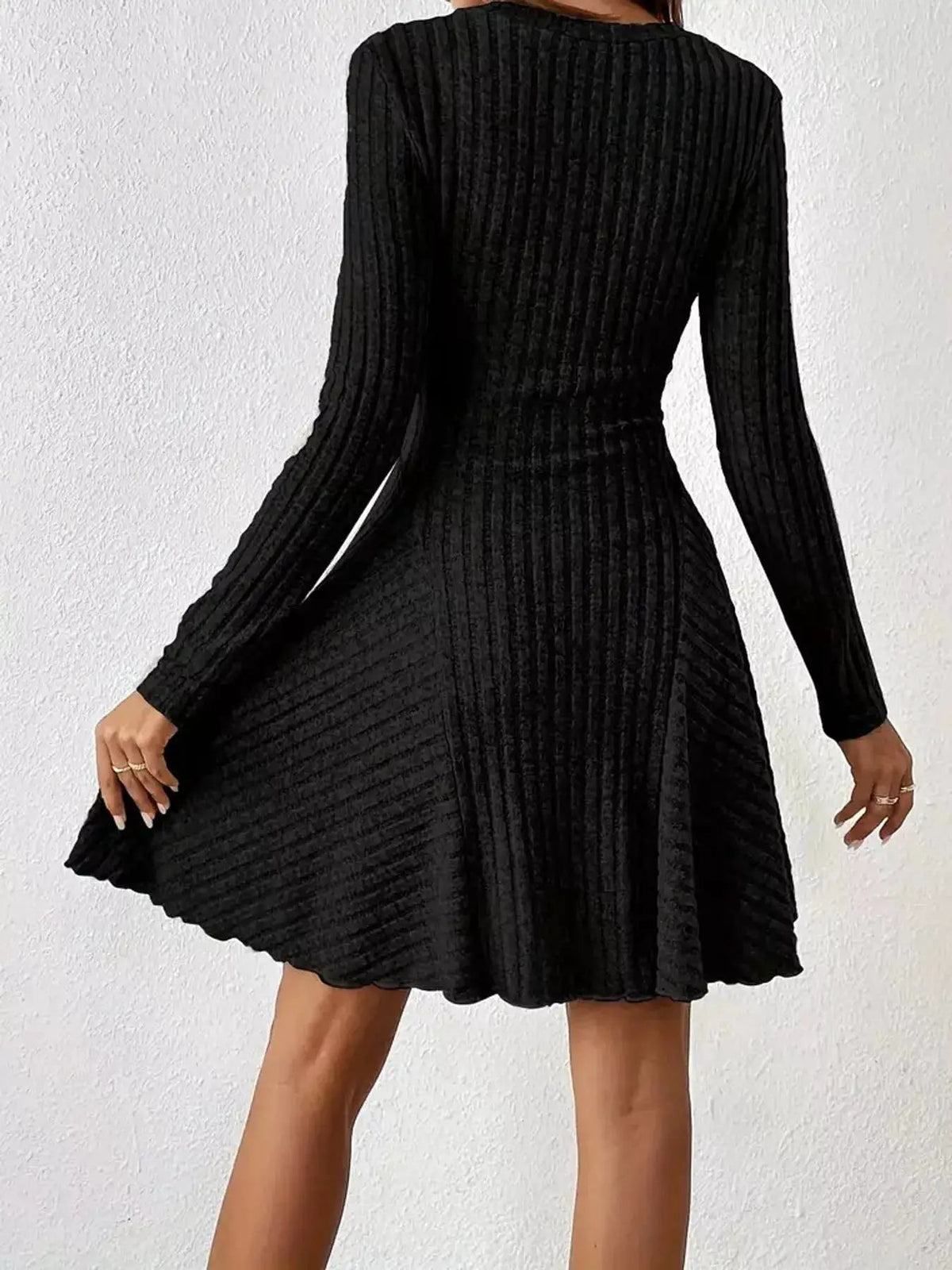 Olive Green V-Neck Ribbed Knit A-Line Mini Dress - Bitsy Gypsy Boutique