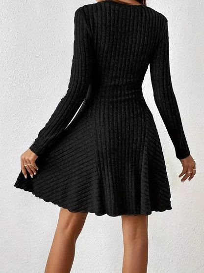 Olive Green V-Neck Ribbed Knit A-Line Mini Dress - Bitsy Gypsy Boutique