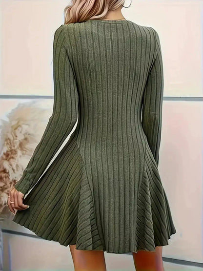 Olive Green V-Neck Ribbed Knit A-Line Mini Dress - Bitsy Gypsy Boutique