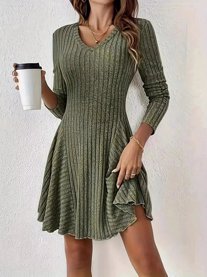 Olive Green V-Neck Ribbed Knit A-Line Mini Dress - Bitsy Gypsy Boutique