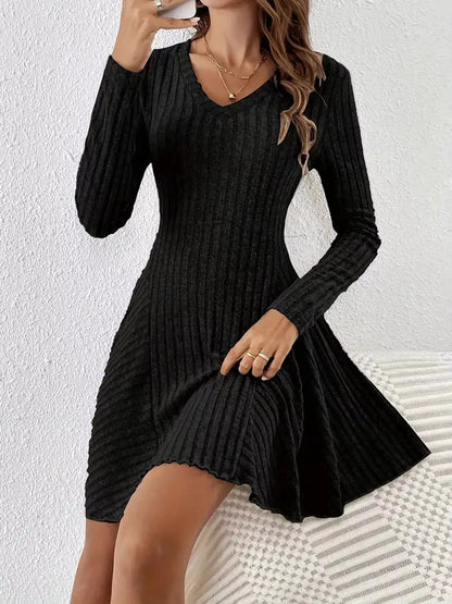Olive Green V-Neck Ribbed Knit A-Line Mini Dress - Bitsy Gypsy Boutique