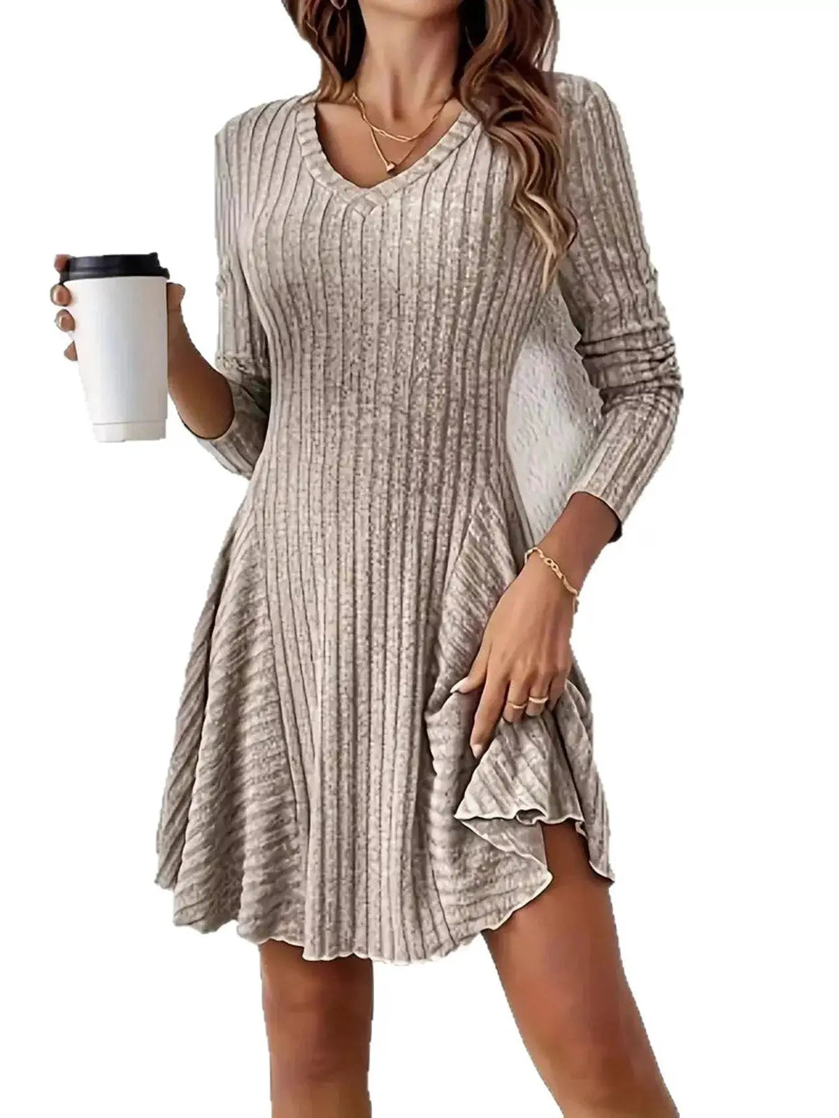 Olive Green V-Neck Ribbed Knit A-Line Mini Dress - Bitsy Gypsy Boutique