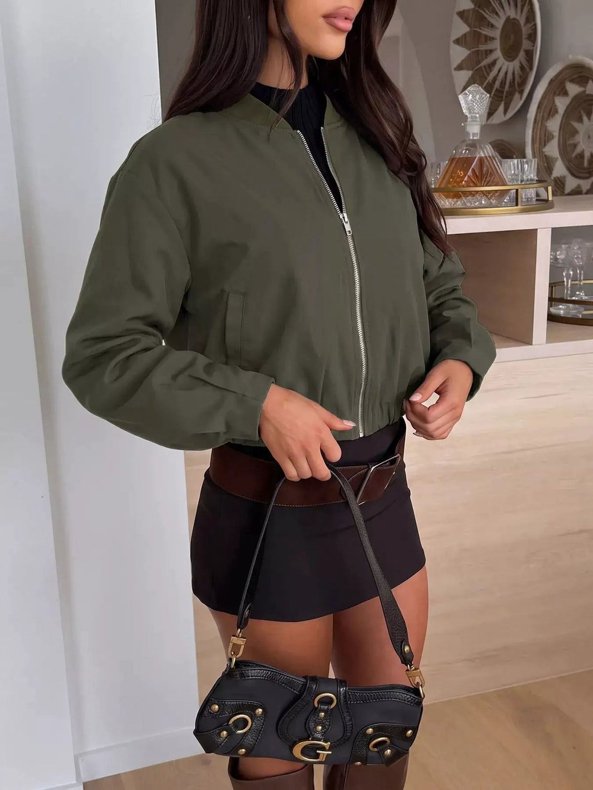Olive Green Zip-Up Dropped Shoulder Cropped Jacket - Bitsy Gypsy Boutique