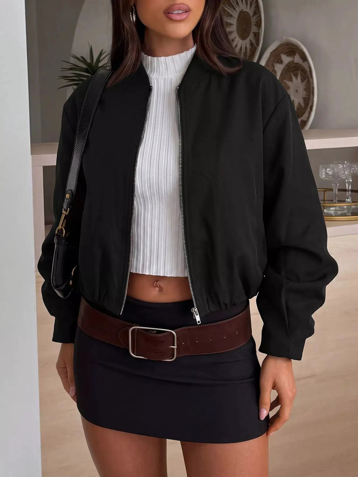 Olive Green Zip-Up Dropped Shoulder Cropped Jacket - Bitsy Gypsy Boutique
