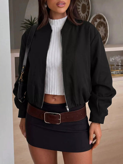 Olive Green Zip-Up Dropped Shoulder Cropped Jacket - Bitsy Gypsy Boutique