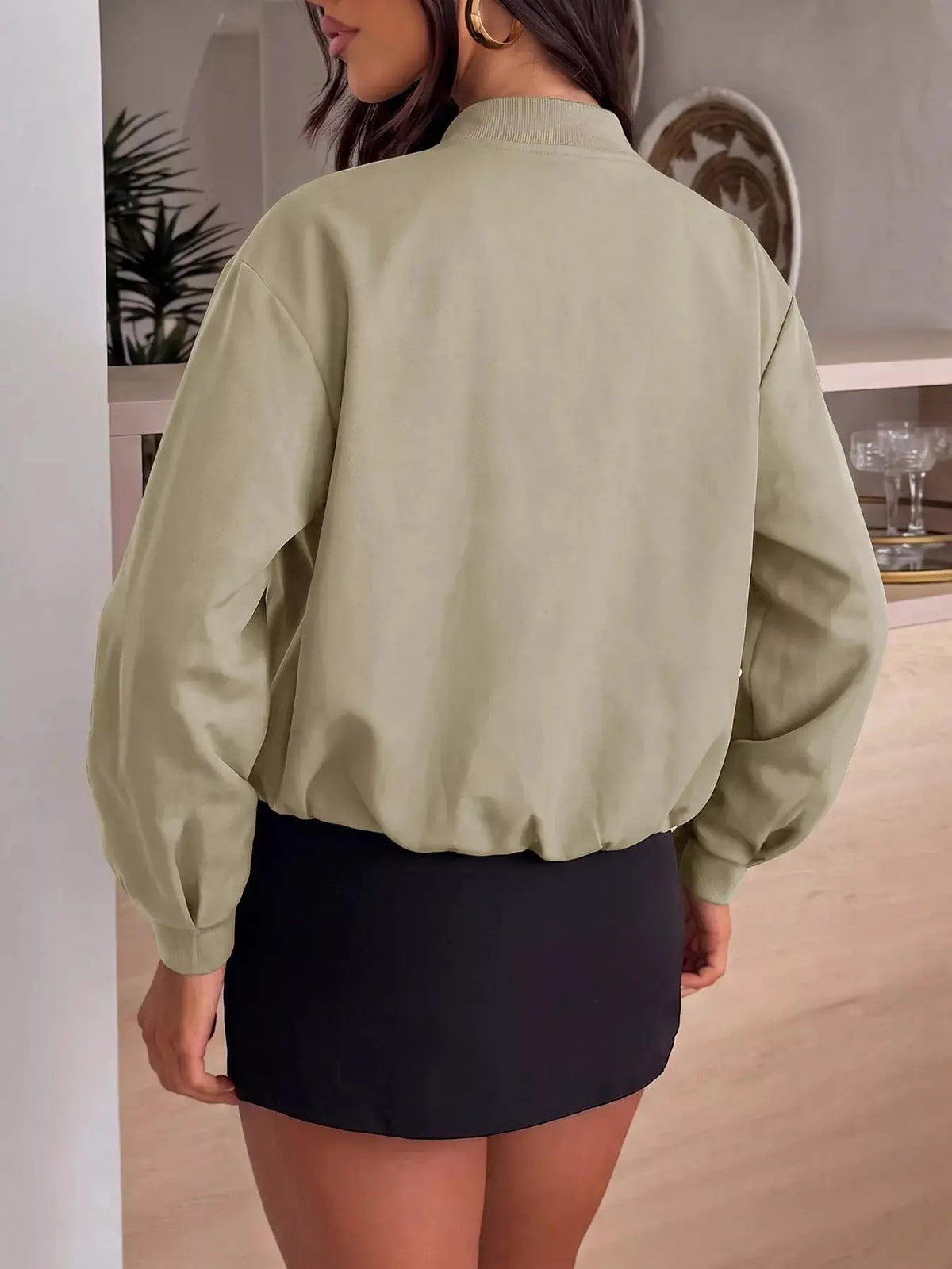 Olive Green Zip-Up Dropped Shoulder Cropped Jacket - Bitsy Gypsy Boutique