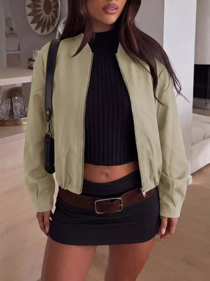 Olive Green Zip-Up Dropped Shoulder Cropped Jacket - Bitsy Gypsy Boutique