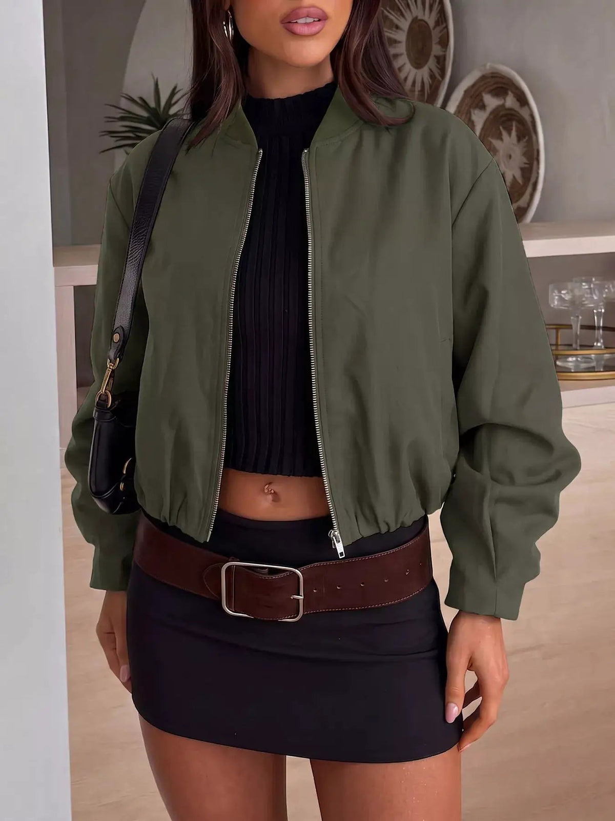 Olive Green Zip-Up Dropped Shoulder Cropped Jacket - Bitsy Gypsy Boutique