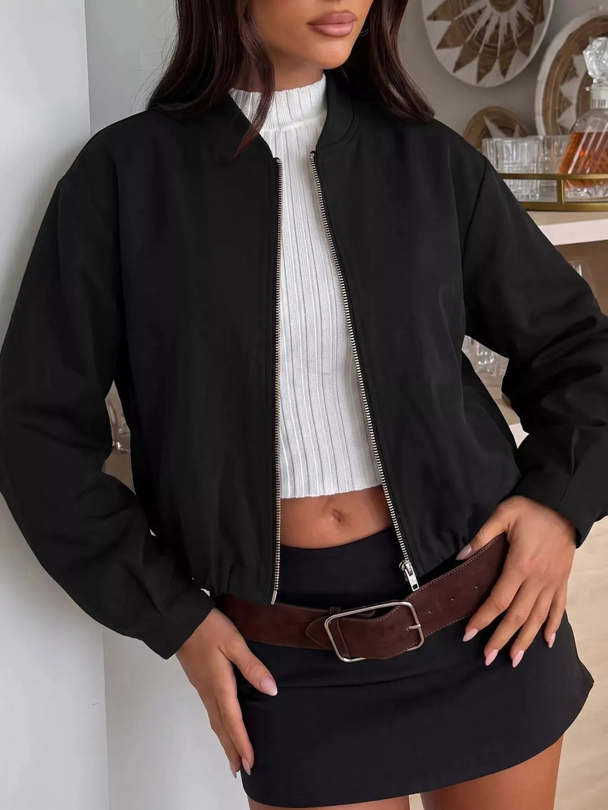 Olive Green Zip-Up Dropped Shoulder Cropped Jacket - Bitsy Gypsy Boutique