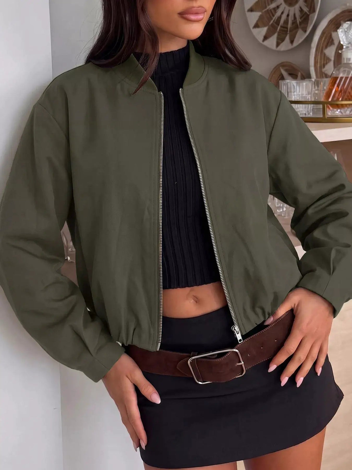 Olive Green Zip-Up Dropped Shoulder Cropped Jacket - Bitsy Gypsy Boutique